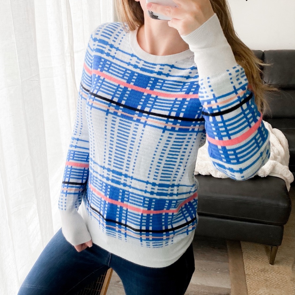 Equipment Femme Check Sweater White Blue Coral